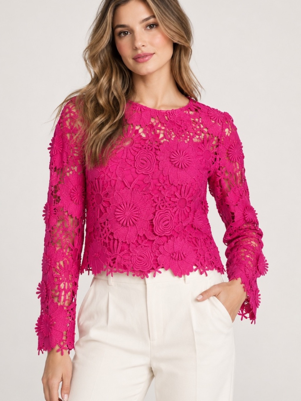 NWT MILLY Nori Floral Lace Top Fuchsia Pink Size L $425